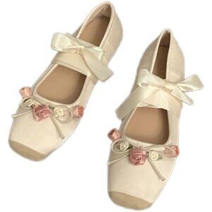 Women Beigeflower Canvas Lace Up Ankle Strap Floral Dressy Ballet Flats Shoes